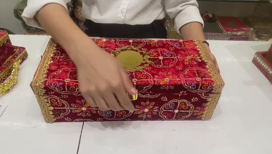 Red Sahi Chithi Mandap Invitation Box with gold pillars – Bhandhan Box

